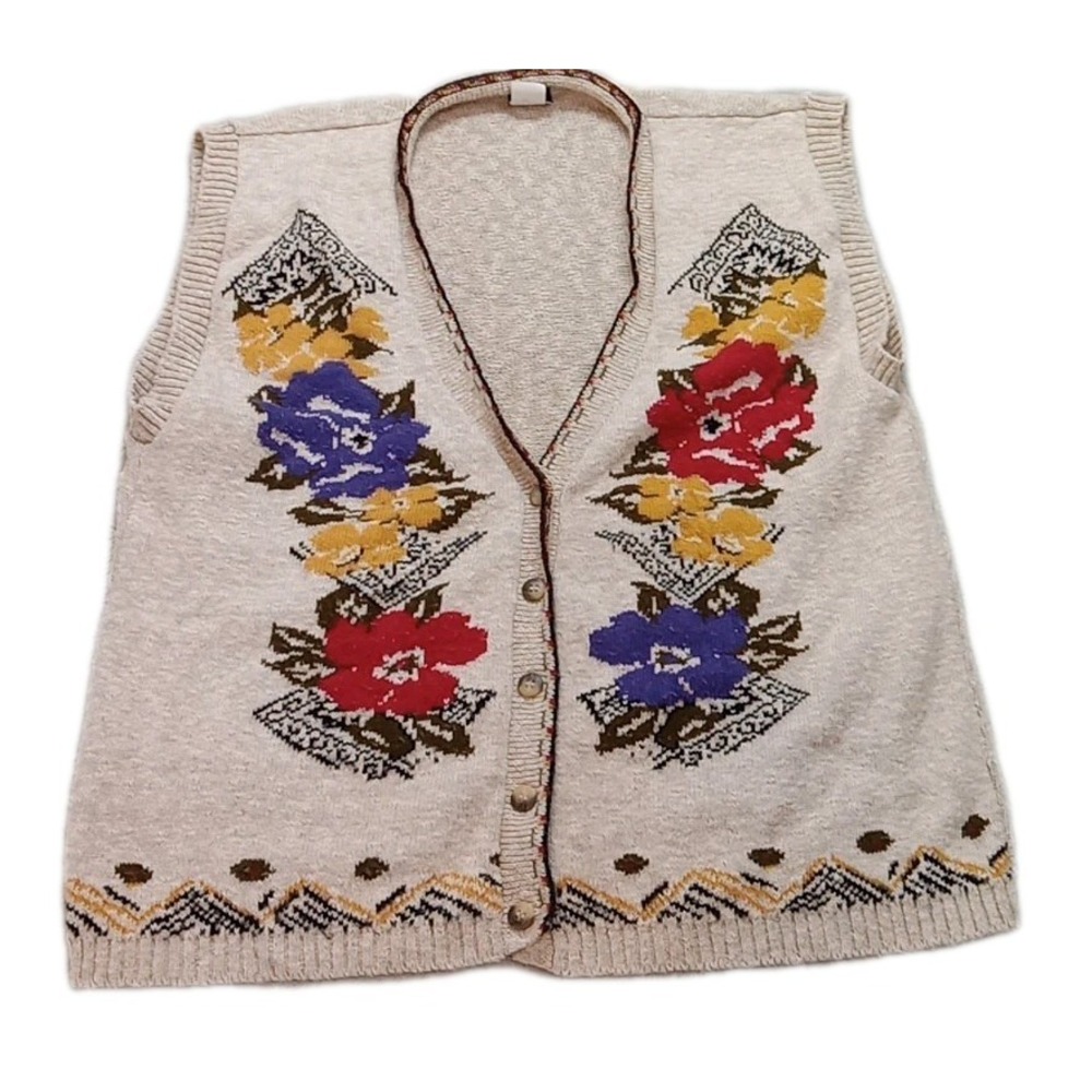 Vintage Panther Womens Sweater/Vest Size Medium Floral Design Tan Made In USA